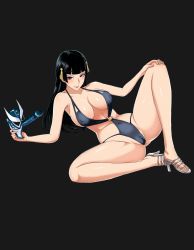 Rule 34 | 1girl, absurdres, black background, black hair, black one-piece swimsuit, breasts, cameltoe, cleavage, covered erect nipples, covered navel, dead or alive, dead or alive 5, eyeliner, full body, high heels, highres, hime cut, huge breasts, kamitsuki manmaru, long hair, looking at viewer, makeup, mask, nyotengu, one-piece swimsuit, red eyes, simple background, smile, solo, swimsuit, tengu mask