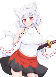 Rule 34 | 1girl, animal ears, black skirt, breasts, closed mouth, cowboy shot, hair flaps, holding, holding sword, holding weapon, inubashiri momiji, large breasts, long sleeves, looking at viewer, pom pom (clothes), red eyes, red skirt, ribbon-trimmed sleeves, ribbon trim, rururiaru, shirt, simple background, skirt, solo, sword, tail, touhou, two-tone skirt, weapon, white background, white hair, white shirt, wolf ears, wolf girl, wolf tail