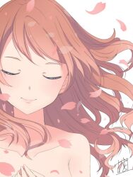 Rule 34 | 1girl, blush, breasts, brown hair, closed eyes, closed mouth, collarbone, falling petals, hojo karen, idolmaster, idolmaster cinderella girls, idolmaster cinderella girls starlight stage, long hair, medium breasts, mistrail, nude, petals, signature, simple background, smile, solo, upper body, white background