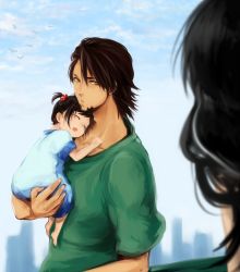 Rule 34 | 10s, 1boy, 2girls, age difference, baby, bad id, bad pixiv id, brown eyes, brown hair, carrying, child carry, drooling, facial hair, father and daughter, goatee, hair bobbles, hair ornament, highres, kaburagi kaede, kaburagi t. kotetsu, kaburagi tomoe, mochi mocchi, multiple girls, short hair, side ponytail, sleeping, stubble, tiger &amp; bunny, aged down