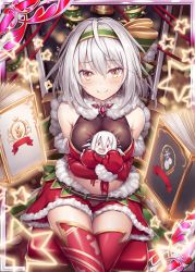 Rule 34 | 1girl, akkijin, arm warmers, bare shoulders, bell, book, breasts, christmas, cleavage, doll, gloves, green ribbon, hair ribbon, large breasts, official art, red gloves, red skirt, ribbon, shinkai no valkyrie, short hair, sitting, skirt, smile, star (symbol), star print, stomach, thighhighs, white hair, yellow eyes