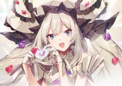 Rule 34 | 1girl, :d, bare shoulders, blue eyes, breasts, dress, fate/grand order, fate (series), flower, frilled hat, frills, gloves, grey hair, hat, heart, heart hands, highres, large hat, long hair, looking at viewer, marie antoinette (fate), marie antoinette (third ascension) (fate), no-kan, open mouth, purple flower, purple rose, rose, sleeveless, smile, solo, twintails, white dress, white gloves, white hat