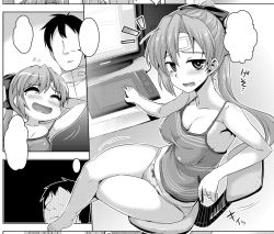 Rule 34 | 1boy, 1girl, ^^^, admiral (kancolle), akigumo (kancolle), alternate costume, bad id, bad twitter id, breasts, comic, commentary request, computer, crossed legs, drawing tablet, faceless, faceless male, greyscale, kantai collection, long hair, monochrome, no bra, open mouth, panties, ponytail, see-through, sitting, small breasts, speech bubble, swivel chair, tank top, underwear, underwear only, unfinished, yoshi tama