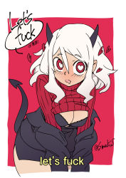 Rule 34 | 1girl, black suit, blush, bra, breasts, demon girl, demon horns, demon tail, english text, heart, heart-shaped pupils, helltaker, highres, horns, long sleeves, looking at viewer, modeus (helltaker), profanity, red eyes, red sweater, saliva, short hair, simple background, skirt, solo, speech bubble, suit, sumaki shungo, sweater, symbol-shaped pupils, tail, turtleneck, underwear, undressing, white hair