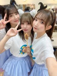 Rule 34 | 3girls, aoyama nagisa, blurry, blurry background, costume, food, indoors, liyuu, looking at viewer, multiple girls, photo (medium), selfie, smile, standing, yuina