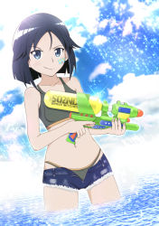 Rule 34 | 1girl, bad id, bad pixiv id, bandaid, bandaid on face, bikini, black bikini, black hair, blue eyes, blue shorts, blush, brave witches, breasts, cloud, cloudy sky, collarbone, female focus, highres, kanno naoe, looking at viewer, open clothes, open shorts, outdoors, short hair, short shorts, shorts, sky, small breasts, smile, smirk, solo, sparkle, standing, swimsuit, water gun, world witches series