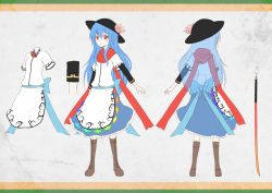 Rule 34 | 1girl, bad id, bad pixiv id, blue hair, boots, bow, character sheet, flower, hat, hat flower, highres, hinanawi tenshi, judo fuu, long hair, multiple views, red eyes, scarf, smile, sword of hisou, touhou, turnaround, weapon