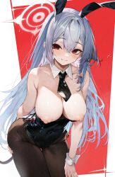 Rule 34 | 1girl, animal ears, bare shoulders, black leotard, blue archive, blush, braid, breasts, covered navel, detached collar, fake animal ears, grey hair, hair ornament, halo, haruna (blue archive), highleg, highres, large breasts, leaning forward, leotard, leotard pull, long hair, looking at viewer, necktie, nipples, pantyhose, playboy bunny, rabbit ears, rabbit tail, red eyes, side braid, smile, solo, strapless, strapless leotard, suujiniku, tail, thigh gap, wrist cuffs