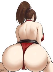 Rule 34 | 1girl, anus, anus peek, ass, ass focus, back, backless dress, backless outfit, bare legs, batako (batakoart), breasts, brown hair, curvy, dress, facing away, fatal fury, from behind, highres, japanese clothes, kneeling, large breasts, ninja, ponytail, pussy, pussy peek, shiranui mai, sideboob, signature, simple background, solo, the king of fighters, thick thighs, thighs, white background