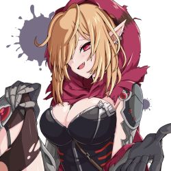 Rule 34 | 1girl, blonde hair, breasts, cleavage, ear piercing, executive red hood arabelle, gloves, grin, guardian tales, hair over one eye, highres, large breasts, looking at viewer, mechanical arms, piercing, pointy ears, red eyes, red hood, schnee tan, simple background, smile, torn clothes, upper body