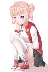 Rule 34 | 1girl, ahoge, blue eyes, candy, clothes writing, commentary request, converse, double bun, eyebrows, food, hair ornament, hairclip, hand on own cheek, hand on own face, highres, jacket, ji dao ji, letterman jacket, lollipop, looking at viewer, miniskirt, original, pink hair, pleated skirt, shoes, simple background, skirt, sneakers, solo, symbol-shaped pupils, white background, white legwear