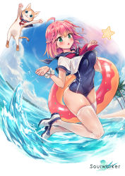Rule 34 | 1girl, absurdres, ahoge, animal, aqua eyes, blue one-piece swimsuit, blue sailor collar, blue sky, blush, braid, breasts, cat, chii aruel, cloud, covered navel, crop top, crop top overhang, french braid, full body, hands up, highres, innertube, large breasts, legs up, looking at viewer, neckerchief, official art, one-piece swimsuit, one side up, open mouth, palm tree, pink hair, rainmaker, red neckerchief, sailor collar, sailor shirt, school swimsuit, scrunchie, shirt, shoes, short hair, short sleeves, sky, solo, soulworker, star (symbol), swim ring, swimsuit, thighhighs, thighs, tree, water, watermark, white footwear, white shirt, white thighhighs, wrist scrunchie