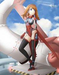 Rule 34 | 1girl, alternate costume, arm behind back, armor, black thighhighs, blue eyes, blue sky, blurry, bodysuit, breasts, caution tape, cloud, contrail, contrapposto, costume, creatures (company), day, depth of field, faulds, full body, game freak, gen 3 pokemon, glowing, gorget, headset, high heels, highleg, highleg leotard, latias, latios, legendary pokemon, leotard, may (pokemon), mecha, narrow waist, neon trim, nintendo, no panties, outdoors, pokemon, pokemon (creature), pokemon rse, rilex lenov, robot, short hair with long locks, skin tight, skindentation, sky, small breasts, standing, thighhighs, thighs