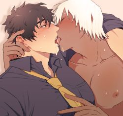Rule 34 | 2boys, arm around shoulder, balnom, bara, blush, character request, clothed male nude male, collared shirt, dark-skinned male, dark skin, french kiss, from side, interracial, kekkai sensen, kiss, large pectorals, male focus, multiple boys, muscular, muscular male, necktie, nipples, nose blush, nude, original, pectorals, playing with another&#039;s hair, saliva, shirt, short hair, steven a. starphase, tongue, tongue out, upper body, white hair, yaoi, yellow necktie