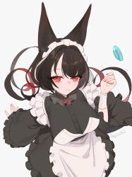 Rule 34 | 1girl, animal ears, apron, beijuu, black dress, black hair, breasts, closed mouth, dress, hand up, highres, large breasts, long sleeves, looking at viewer, maid, maid headdress, red eyes, simple background, smile, solo, vrchat, white apron, wide sleeves