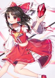 Rule 34 | 1girl, :d, adapted costume, ankle socks, arm up, armpit peek, ascot, beads, black hair, bow, commentary request, crystal, detached sleeves, feet out of frame, gem, gohei, grey background, gunjou row, hair bow, hair tubes, hakurei reimu, highres, holding, looking at viewer, medium hair, midriff, navel, open mouth, petticoat, pink ribbon, ponytail, red eyes, red footwear, red gemstone, red skirt, red vest, ribbon, see-through, see-through skirt, see-through sleeves, simple background, skirt, skirt set, smile, socks, solo, touhou, vest, white socks, yellow ascot