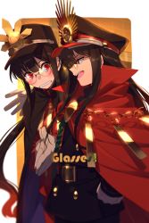 Rule 34 | 1boy, 1girl, belt, black cape, black hair, black headwear, black jacket, breasts, brother and sister, buttons, cape, chain, crest, echo (circa), family crest, fate/grand order, fate (series), fiery hair, glasses, gloves, hat, jacket, jewelry, koha-ace, long hair, long sleeves, medallion, necklace, oda nobukatsu (fate), oda nobunaga (fate), oda uri, open mouth, peaked cap, ponytail, popped collar, red cape, red eyes, red jacket, siblings, sidelocks, small breasts, smile, very long hair, white gloves