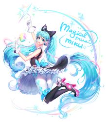 Rule 34 | 1girl, bad id, bad pixiv id, black bow, black footwear, blue bow, blue eyes, blue hair, blush, boots, bow, gloves, hair bow, hatsune miku, headphones, high heel boots, high heels, highres, index finger raised, knee boots, long hair, looking at viewer, magical mirai (vocaloid), magical mirai miku, magical mirai miku (2016), ozzingo, pantyhose, parted lips, smile, solo, twintails, vocaloid, white gloves, white pantyhose