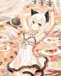 Rule 34 | 1girl, animal ears, armpits, arms up, bad id, bad pixiv id, bed sheet, breasts, camisole, cat ears, cat tail, chemise, colored eyelashes, dress, fuya (tempupupu), lingerie, looking at viewer, nail polish, original, parted lips, pink eyes, small breasts, solo, tail, underwear, white hair