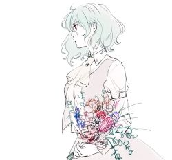 Rule 34 | 1girl, ahoge, arm belt, asakura noi, ascot, bouquet, breasts, collared shirt, eyelashes, flower, from side, green hair, holding, holding bouquet, holding flower, kazami yuuka, long sleeves, looking afar, medium breasts, open clothes, open vest, profile, red eyes, red skirt, red vest, shirt, short hair, sidelocks, simple background, skirt, skirt set, solo, touhou, upper body, vest, white background