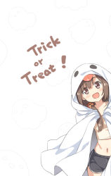Rule 34 | 1girl, :d, black shorts, blush, brown camisole, brown eyes, brown hair, camisole, collarbone, commentary, english commentary, ghost, ghost costume, hair ornament, halloween, hatsunatsu, jack-o&#039;-lantern, jack-o&#039;-lantern hair ornament, leaning to the side, long hair, midriff, navel, open mouth, original, short shorts, shorts, simple background, smile, solo, white background