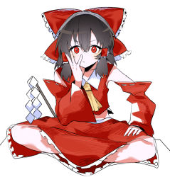 Rule 34 | 1girl, ascot, black hair, bow, closed mouth, ddari, detached sleeves, frilled bow, frills, full body, gohei, hair between eyes, hair bow, hair tubes, hakurei reimu, hand up, long sleeves, looking at viewer, red bow, red eyes, red shirt, red skirt, red sleeves, ribbon-trimmed sleeves, ribbon trim, shirt, simple background, sitting, skirt, skirt set, sleeveless, sleeveless shirt, sleeves past wrists, solo, touhou, white background, wide sleeves, yellow ascot