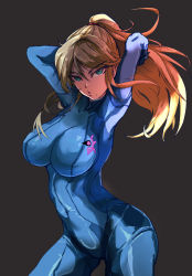 Rule 34 | 1girl, alternate breast size, arms up, blonde hair, blue bodysuit, bodysuit, breasts, covered navel, cowboy shot, floating hair, green eyes, grey background, high ponytail, highres, impossible bodysuit, impossible clothes, large breasts, lipstick, long hair, long sleeves, looking at viewer, makeup, metroid, metroid: zero mission, mole, mole under mouth, nintendo, parted lips, samus aran, sidelocks, simple background, skin tight, solo, yamabuki ryuu, zero suit