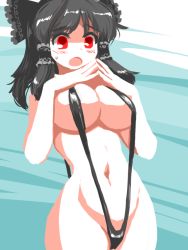 Rule 34 | 1girl, bad id, bad pixiv id, black hair, blush, bow, breasts, cleavage, hair bow, hair tubes, hakurei reimu, large breasts, m.u.g.e.n, maga-reimu, mono (moiky), open mouth, red eyes, short hair, slingshot swimsuit, solo, strap gap, sweat, swimsuit, touhou
