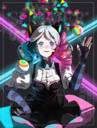 Rule 34 | 1girl, absurdres, animal ears, blood, blood on face, blue eyes, blue hair, blush, chromatic aberration, czero czero, drill hair, earrings, elbow gloves, fingerless gloves, gloves, gradient hair, grey hair, heart, heart earrings, heterochromia, highres, jewelry, long hair, looking ahead, multicolored hair, open mouth, original, pink hair, puffy sleeves, purple eyes, short sleeves, sitting, smile, solo, striped clothes, striped gloves, teeth, twin drills, upper teeth only