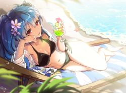 Rule 34 | 1girl, barefoot, beach, beach chair, bikini, black bikini, blue hair, breasts, chair, cleavage, day, drink, flower, flower on head, grass, hair flower, hair ornament, long hair, looking at viewer, luthica preventer, lying, navel, on side, outdoors, parted lips, reclining, red eyes, sand, saya (mychristian2), solo, starfish, swimsuit, sword girls, twintails, water, water drop, wet