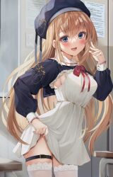 Rule 34 | 1girl, blonde hair, blue eyes, blue headwear, blush, bow, bowtie, breasts, clothes lift, detached sleeves, dress, dress lift, highres, legwear garter, lifting own clothes, long hair, long sleeves, looking at viewer, medium breasts, open mouth, original, smile, solo, thighhighs, toratora (nanahaba), white dress, white thighhighs