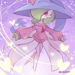 Rule 34 | 1girl, alternate costume, artist name, bare shoulders, bellavoirr, blue hat, blush, bob cut, bow, clothed pokemon, colored skin, cosplay, creatures (company), female focus, flat chest, full body, game freak, gardevoir, gen 3 pokemon, gen 8 pokemon, green hair, green skin, hair over one eye, happy, hat, hat bow, hatterene, hatterene (cosplay), heart, highres, light trail, long sleeves, looking to the side, multicolored skin, nintendo, off-shoulder sweater, off shoulder, open mouth, pink bow, pink sweater, pokemon, puffy long sleeves, puffy sleeves, purple background, red eyes, shiny skin, short hair, signature, smile, solo, standing, sweater, two-tone skin, white skin, witch hat