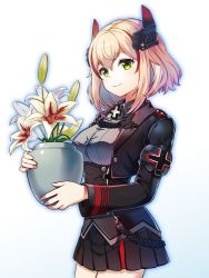 Rule 34 | 1girl, armband, azur lane, black jacket, blonde hair, breasts, buttons, closed mouth, collared shirt, commentary request, cross, double-breasted, flower, flower pot, from side, green eyes, grey shirt, hair between eyes, head tilt, highres, holding, holding flower pot, holding pot, iron cross, jacket, lily (flower), long sleeves, medium breasts, multicolored hair, orchid, plant, pot, potted plant, red hair, revision, roon (azur lane), shirt, short hair, sidelocks, smile, solo, standing, streaked hair, umipro, upper body