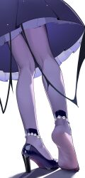 Rule 34 | 1girl, absurdres, blue archive, dress, feet, frilled dress, frills, from behind, head out of frame, high heels, highres, hina (blue archive), hina (dress) (blue archive), legs, low wings, lower body, no shoes, painterliuhao, pantyhose, purple dress, purple pantyhose, revision, shoes, single shoe, solo, standing, tiptoes, wings