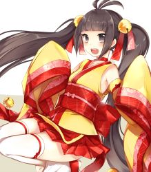 Rule 34 | 1girl, antenna hair, bell, black eyes, black hair, blunt bangs, blush, breasts, choker, commentary request, cowboy shot, detached sleeves, hair bell, hair ornament, highres, japanese clothes, kimono, leafwow, long hair, looking at viewer, obi, obijime, open mouth, original, pleated skirt, sash, short kimono, sidelocks, sitting, skirt, sleeves past wrists, small breasts, smile, solo, thighhighs, twintails, very long hair, white background, white thighhighs, wide sleeves, zettai ryouiki