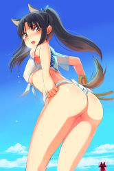 Rule 34 | 2girls, adjusting clothes, adjusting swimsuit, animal ears, ass, black hair, blush, breasts, brown eyes, crop top, covered erect nipples, front-tie top, fundoshi, hair ribbon, hattori shizuka, japanese clothes, long hair, looking at viewer, looking back, michairu, midriff, miyafuji yoshika, multiple girls, open mouth, ponytail, ribbon, shirt, strike witches, swimsuit, tail, tied shirt, underboob, world witches series