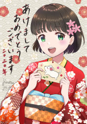 Rule 34 | 1girl, :d, absurdres, artist name, brown hair, earrings, floral print, flower, green eyes, hair flower, hair ornament, highres, japanese clothes, jewelry, kimono, konatsu miki, looking at viewer, new year, obi, open mouth, original, red kimono, sash, seigaiha, short hair, smile, upper body
