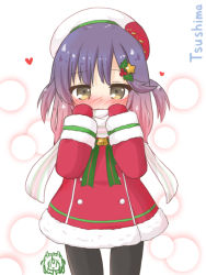 Rule 34 | 1girl, alternate costume, bell, black thighhighs, blush, character name, commentary request, fur-trimmed sleeves, fur trim, gloves, gradient hair, green ribbon, hat, heart, jingle bell, kantai collection, long hair, long sleeves, multicolored hair, purple hair, red gloves, ri-net, ribbon, sidelocks, smile, solo, thighhighs, tsushima (kancolle), white background, yellow eyes