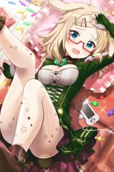 Rule 34 | 1girl, alternative girls, animal ears, aqua eyes, blonde hair, breasts, candy, cleavage, dog ears, fingerless gloves, food, glasses, gloves, green skirt, highres, looking at viewer, lying, nakata natalie, official art, open mouth, pillow, skirt, solo, star (symbol), star print, white legwear