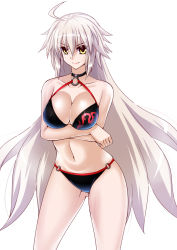 Rule 34 | 1girl, ahoge, bikini, black bikini, black choker, black jacket, breasts, choker, cleavage, commentary request, cropped jacket, crossed arms, engo (aquawatery), fate/grand order, fate (series), gluteal fold, jacket, jeanne d&#039;arc alter (swimsuit berserker) (fate), jeanne d&#039;arc (fate), jeanne d&#039;arc alter (fate), jeanne d&#039;arc alter (swimsuit berserker) (fate), large breasts, long hair, navel, o-ring, o-ring bikini, o-ring bottom, o-ring top, red legwear, shrug (clothing), silver hair, smile, solo, swimsuit, very long hair, white background, yellow eyes