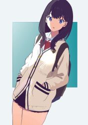 Rule 34 | 1girl, backpack, bag, black hair, black skirt, blue eyes, bow, bowtie, breasts, cardigan, commentary request, dutch angle, gridman universe, hands in pockets, highres, holding, holding bag, lensu (lotus36936936), long hair, long sleeves, looking at viewer, medium breasts, microskirt, open mouth, pleated skirt, red bow, red bowtie, school uniform, shirt, simple background, skirt, solo, ssss.gridman, sweater, takarada rikka, thighs, white background, white cardigan, white sweater