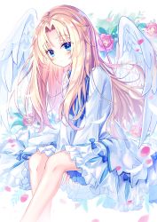Rule 34 | 1girl, bird wings, blonde hair, blue eyes, blurry, blush, commentary request, depth of field, dress, feathered wings, filo (tate no yuusha no nariagari), floral background, flower, highres, long hair, looking at viewer, petals, rose, satou (3366 s), sitting, solo, tate no yuusha no nariagari, white dress, white wings, wind, wings