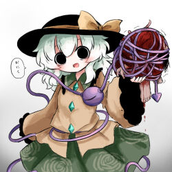 1girl black_eyes black_hat blood blouse buttons corpse death diamond_button eyeball frilled_sleeves frills green_hair green_skirt guro hat hat_ribbon heripantomorrow komeiji_koishi mutilation ribbon shirt skirt solo speech_bubble third_eye touhou translation_request wide_sleeves yellow_ribbon yellow_shirt