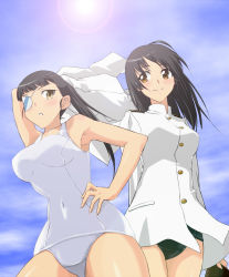 Rule 34 | 2girls, arm behind back, armpits, bad id, bad pixiv id, black hair, brown eyes, day, eyepatch, hand on own hip, military, military uniform, multiple girls, naval uniform, navel, one-piece swimsuit, ponytail, sakamoto mio, sayu (mio-mosa), school swimsuit, smile, strike witches, swimsuit, swimsuit under clothes, uniform, white school swimsuit, white one-piece swimsuit, world witches series, yellow eyes, yokokawa kazumi