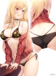 Rule 34 | 1girl, artist name, ass, bare shoulders, bent over, bikini, black bikini, black choker, black panties, blonde hair, blush, bra, breasts, choker, cleavage, clothes pull, collarbone, colored tips, earrings, fake nails, female focus, fingernails, floral print, from behind, gradient hair, gyaru, halterneck, highres, jewelry, kimoshi, kitagawa marin, long fingernails, long hair, long sleeves, looking at another, looking back, medium breasts, multicolored hair, multiple views, nail polish, off shoulder, open mouth, paid reward available, panties, pendant, pink nails, print bikini, print bra, pussy, red eyes, red shirt, shirt, side-tie bikini bottom, simple background, smile, sono bisque doll wa koi wo suru, standing, string bikini, swimsuit, thighs, unbuttoned, unbuttoned shirt, underboob, underwear, white background