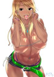 Rule 34 | 1girl, areola slip, bare shoulders, belt, blonde hair, blue shorts, blush, breasts, brown hair, chain, dark-skinned female, dark skin, denim, denim shorts, earrings, gradient hair, gyaru, hair between eyes, highres, idolmaster, idolmaster shiny colors, izumi mei, jewelry, large breasts, light areolae, long hair, looking at viewer, multicolored hair, navel, navel piercing, open mouth, piercing, resolution mismatch, shiny skin, short shorts, shorts, simple background, solo, source larger, suna (sandworks), tan, tongue, tongue out, tongue piercing, topless, white background