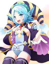 Rule 34 | 1girl, :d, blue eyes, blue hair, detached sleeves, female focus, gradient background, happy, hat, leotard, matching hair/eyes, open mouth, outstretched hand, phantasy star, phantasy star portable 2, purple thighhighs, riku kanna, short hair, smile, solo, star (symbol), striped clothes, striped headwear, thighhighs, vertical-striped clothes, vertical-striped headwear