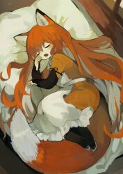 Rule 34 | 1girl, absurdres, animal ears, apron, closed eyes, commentary, dress, english commentary, fangs, fox ears, fox girl, fox tail, hair between eyes, hand on own face, highres, long hair, lying, on side, open mouth, orange hair, original, sakutake (ue3sayu), sleeping, solo, tail, very long hair