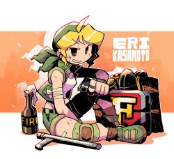 Rule 34 | 1girl, ahoge, aiming, aiming at viewer, bandana, baton, black eyes, blonde hair, character name, from side, green footwear, green shorts, gun, halftone, handgun, highres, holding, holding gun, holding weapon, jacket, jewelry, kasamoto eri, knee pads, looking at viewer, looking to the side, metal slug, molotov cocktail, open clothes, open jacket, orange background, pistol, rariatto (ganguri), ring, shoes, short sleeves, shorts, sitting, smile, solo, weapon
