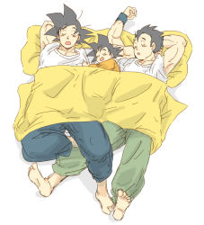Rule 34 | 3boys, age difference, barefoot, black eyes, black hair, blanket, brothers, child, closed eyes, dragon ball, dragonball z, father and son, male focus, miiko (drops7), multiple boys, open mouth, orange shirt, pants, pillow, shirt, siblings, simple background, size difference, sleeping, smile, son gohan, son goku, son goten, white background, white shirt, wristband
